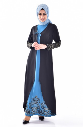 Taş İşlemeli Elbise 1860-01 Siyah Turkuaz