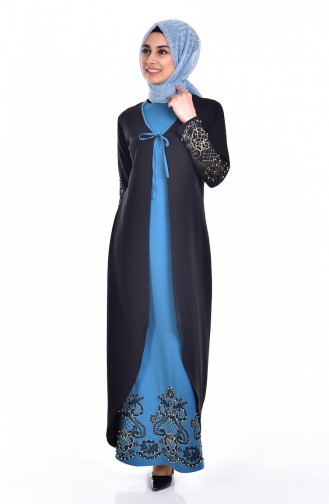 Stone Embroidered Dress 1860-01 Black Turquoise 1860-01