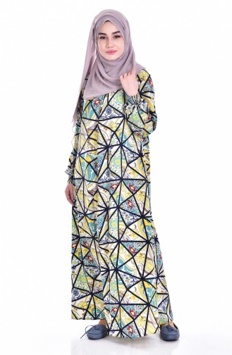 Kolu Lastikli Elbise 0096-01 Sarı Lacivert