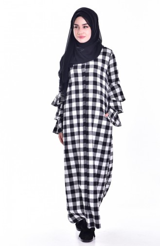 Versteckter Knopf Karriertes Kleid  3462-02 Schwarz Weiß 3462-02