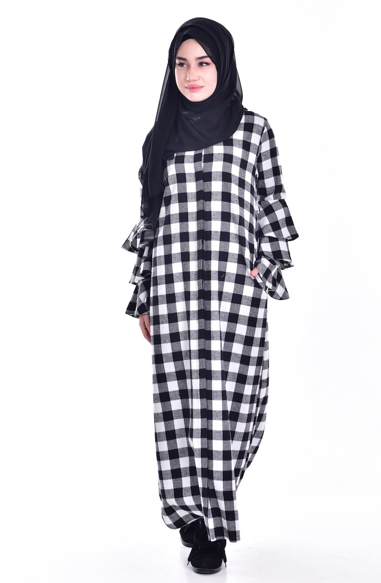Versteckter Knopf Karriertes Kleid  3462-02 Schwarz Weiß 3462-02