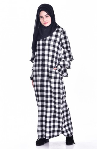 Versteckter Knopf Karriertes Kleid 3462-02 Schwarz Weiß 3462-02
