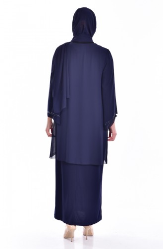 Robe de Soirée İmprimé de Pierre Grande Taille 6100-04 Bleu Marine 6100-04