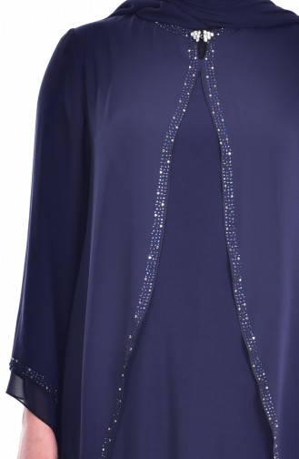 Robe de Soirée İmprimé de Pierre Grande Taille 6100-04 Bleu Marine 6100-04