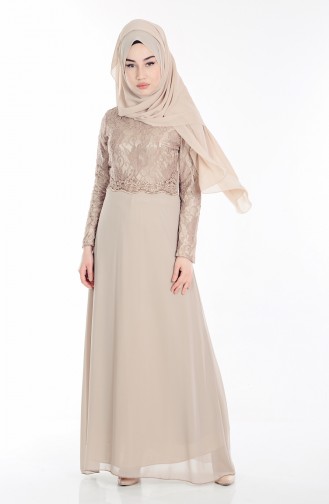 Cream Hijab Evening Dress 1534-05