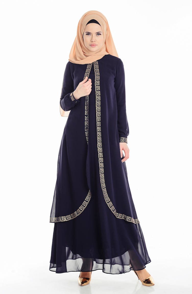 Navy Blue Hijab Dress 99040A-03 | Sefamerve