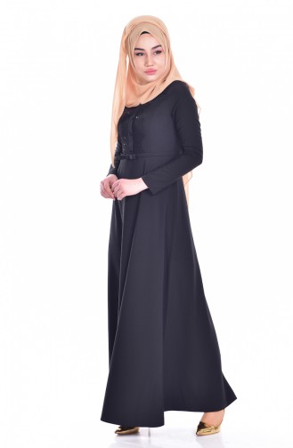 İşlemeli Kemerli Elbise 1003-04 Siyah