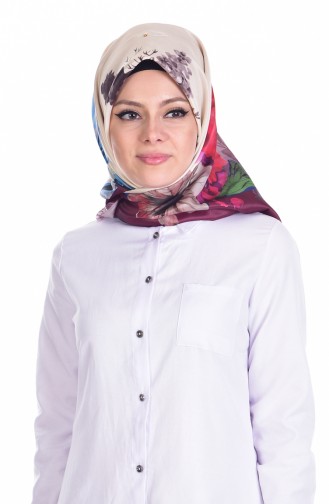 Çiçek Baskılı Tafta Eşarp 95005-06 Bordo Ekru