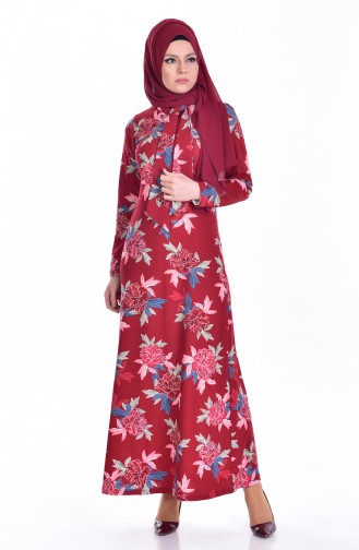 دلبر فستان بتصميم مورّد يتميز بتصميم ياقة برباط5121-01 لون خمري 5121-01