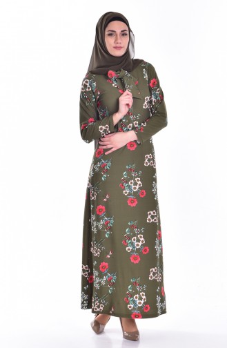 دلبر فستان مطبع بتصميم ياقة برباط 5123-02 لون اخضر كاكي 5123-02