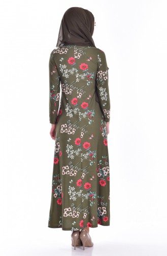 دلبر فستان مطبع بتصميم ياقة برباط 5123-02 لون اخضر كاكي 5123-02