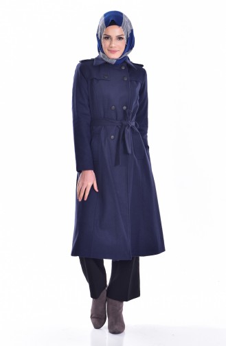 Buttoned Coat with Belt 90268-02 Navy Blue 90268-02