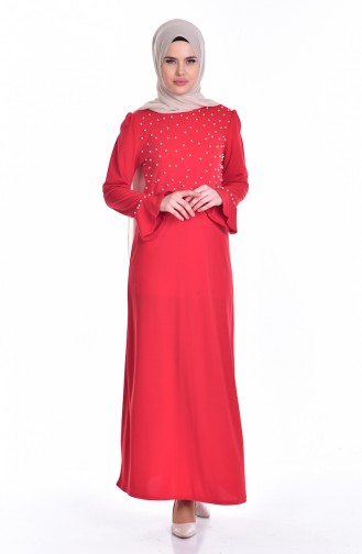 İşlemeli Elbise 7000-05 Koyu Kırmızı