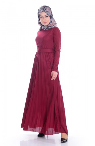 Pleated Dress with Belt 3666-03 Claret Red 3666-03