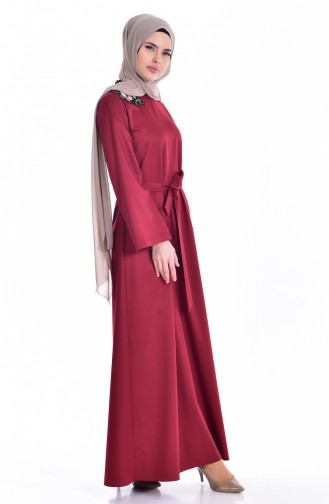 Embroidered Dress with Belt 7944-01 Claret Red 7944-01
