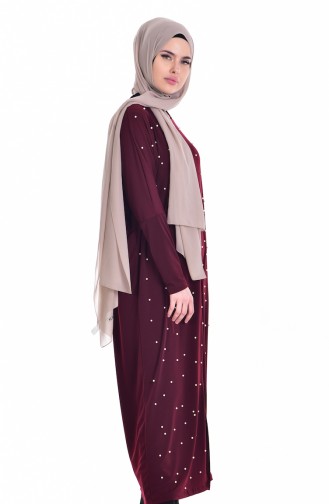 Abaya with Pearl Embroidering 7308-05 Dark Claret Red 7308-05