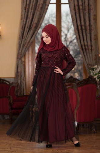 Claret Red Hijab Evening Dress 52665-13