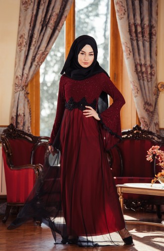 Claret Red Hijab Evening Dress 3834-03