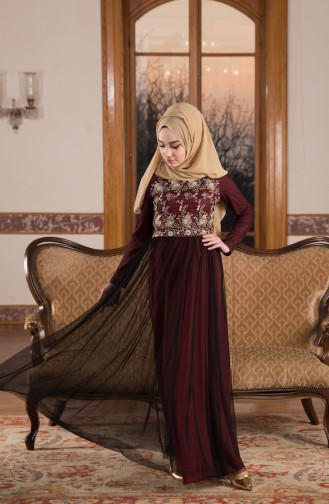 Claret Red Hijab Evening Dress 52675-02