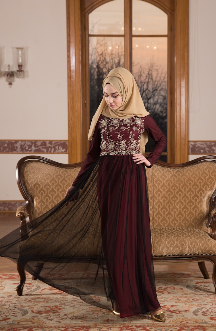 Claret Red Hijab Evening Dress 52675-02