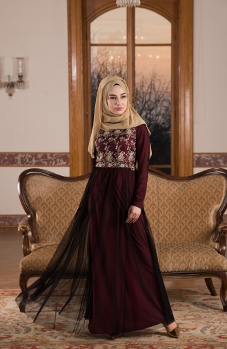 Claret Red Hijab Evening Dress 52675-02