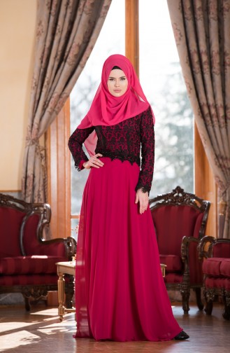 Robe de Soirée en Mousseline a Dentelle 7810-02 Fushia 7810-02