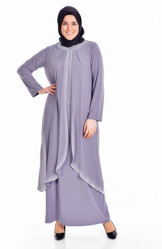 Büyük Beden Taş Baskılı Elbise 6101-04 Gri