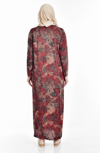 Büyük Beden Desenli Elbise 4438-05 Kahverengi Haki