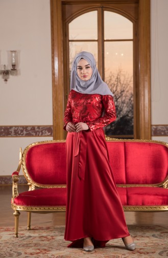 Red Hijab Evening Dress 1628-05