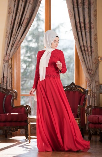 Güpürlü Şifon Abiye Elbise 7810-03 Kırmızı