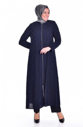 Abaya avec Perles Grande Taille 3017-01 Bleu Marine 3017-01