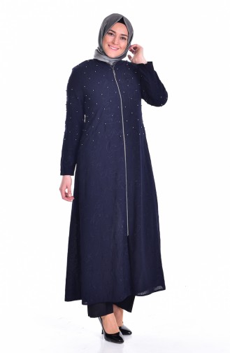 Abaya avec Perles Grande Taille 3017-01 Bleu Marine 3017-01