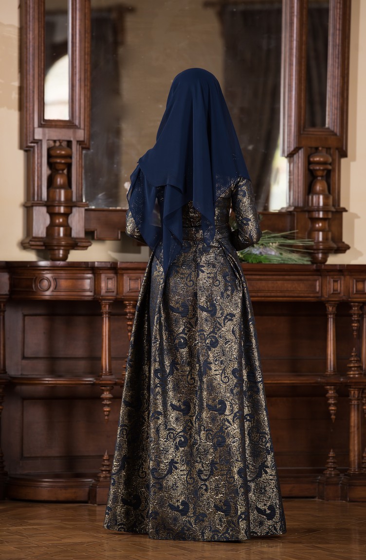 Jakarlı Abiye Elbise 793701 Lacivert Gold Sefamerve