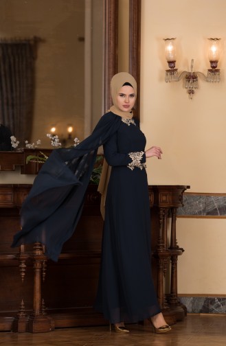 Navy Blue Hijab Evening Dress 52674-04