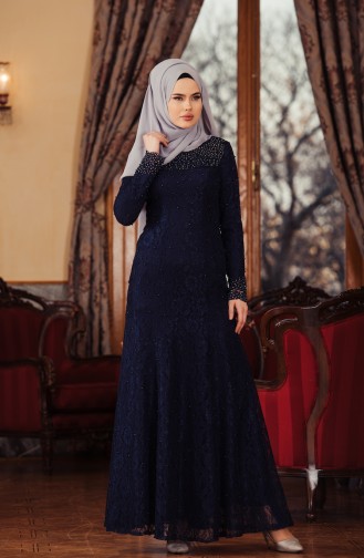 Perlen Abendkleid mit Spitzenbeschichtung 7109-01 Dunkelblau 7109-01