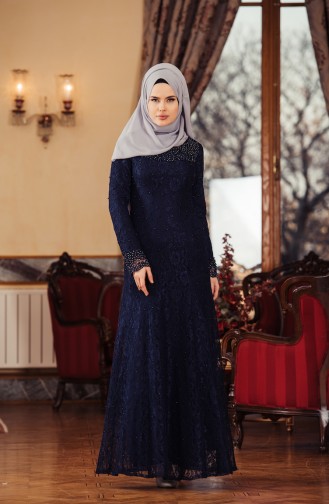 Robe de Soirée a Dentelle et Perles 7109-01 Bleu Marine 7109-01