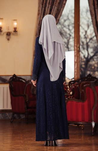 Perlen Abendkleid mit Spitzenbeschichtung 7109-01 Dunkelblau 7109-01