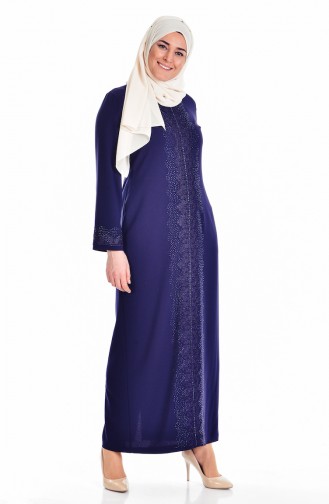 Robe Pierre İmprimé Grande Taille 6104-04 Bleu Marine 6104-04