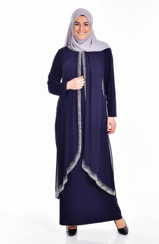 Übergröße Stein Bedrucktes Kleid   6101-01 Dunkelblau 6101-01