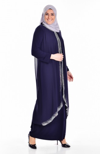 Büyük Beden Taş Baskılı Elbise 6101-01 Lacivert