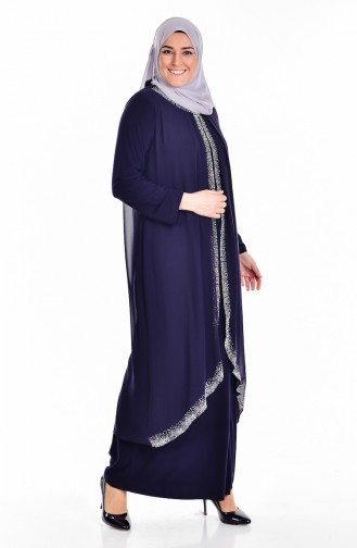 Übergröße Stein Bedrucktes Kleid   6101-01 Dunkelblau 6101-01