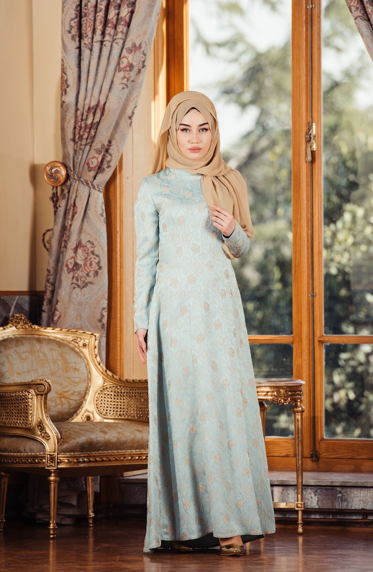 Mint Green Hijab Evening Dress 000301 Sefamerve