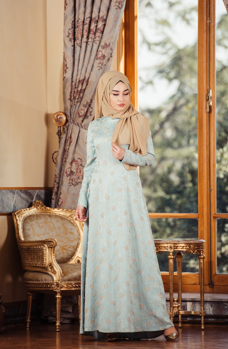 Mint Green Hijab Evening Dress 000301 Sefamerve