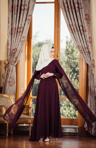 Plum Hijab Evening Dress 52657-03