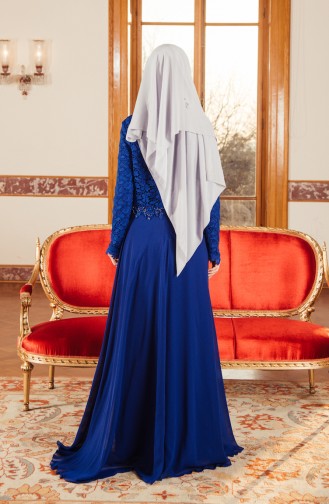 Robe de Soirée en Mousseline a Dentelle 7810-01 Bleu Roi 7810-01