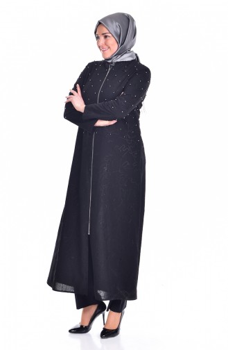 Abaya avec Perles Grande Taille 3017-02 Noir 3017-02