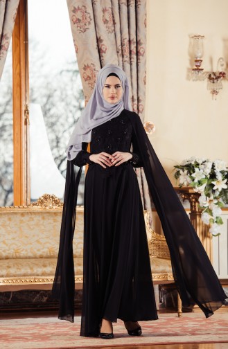 Robe de Soirée Bordée en Mousseline 52657-01 Noir 52657-01