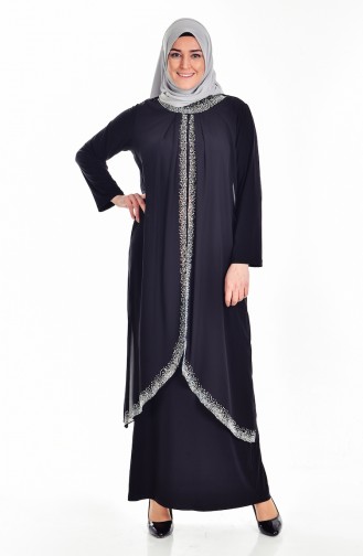 Übergröße Stein Bedrucktes Kleid   6101-03 Schwarz 6101-03