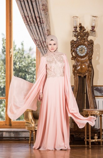 Salmon Hijab Evening Dress 7204-01