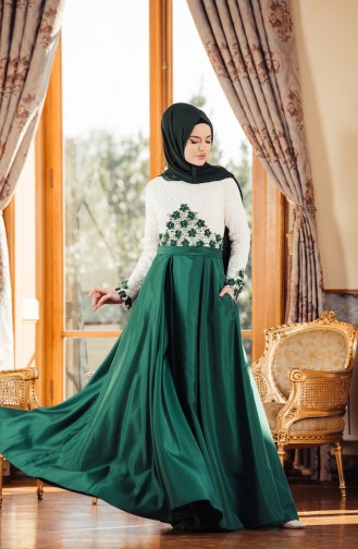 Emerald Green Hijab Evening Dress 7174-02